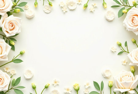 Soft white roses and fresh greenery come together to form a beautiful border, perfect for adding a touch of elegance to invitations or special occasions.の素材