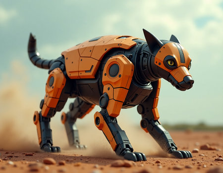 A futuristic robotic dog roams the dusty ground, its sleek design gleaming in the sunlight.の素材