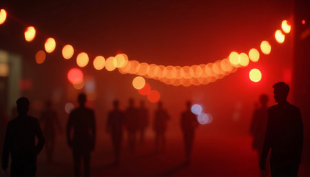 Soft hues of orange and red fill the air as figures meander through a foggy street, illuminated by glowing lanterns that create an enchanting atmosphere during twilight.の素材
