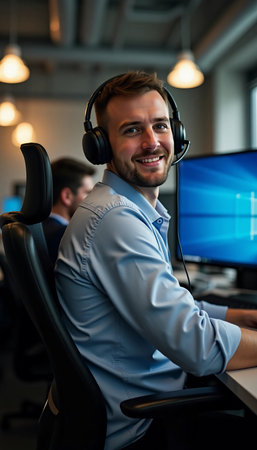 A man with a friendly smile is seated at his desk, wearing a headset and immersed in his tasks.の素材