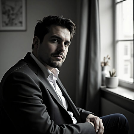 A man dressed in a dark blazer gazes thoughtfully from a well-lit room, highlighting the quiet ambiance created by the soft sunlight through the window.の素材