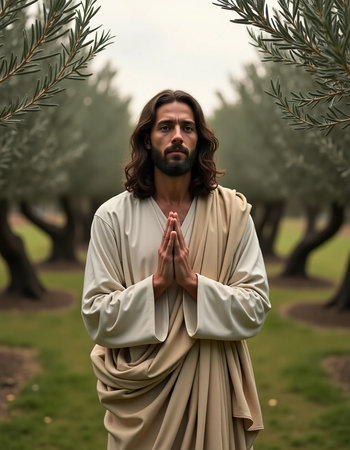 A contemplative figure stands with hands together in prayer, surrounded by the tranquil beauty of olive trees, as the soft light of dusk envelops the landscape.の素材