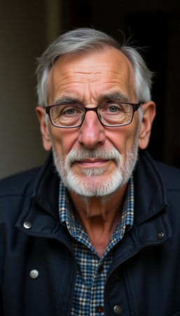 An elderly man with glasses and a gentle smile sits comfortably in a warm, inviting space. His thoughtful expression hints at a lifetime of stories and experiences.の素材