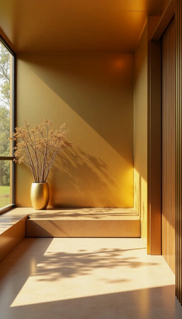 A warm glow of golden sunlight highlights the smooth surfaces and minimalistic design of a cozy indoor corner, enhanced by a decorative vase holding graceful dried plants.の素材