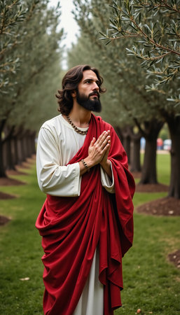 A man dressed in flowing robes stands serenely in an olive grove, hands clasped in prayer.の素材