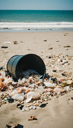 A black bucket lies overturned on the sand, revealing plastic debris and shells. The ocean waves gently wash ashore, contrasting the pollution and natural beauty.の素材