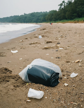 Amidst a coastline where gentle waves meet sandy shores, discarded plastic bags and debris cast a stark reminder of pollution's impact on nature.の素材