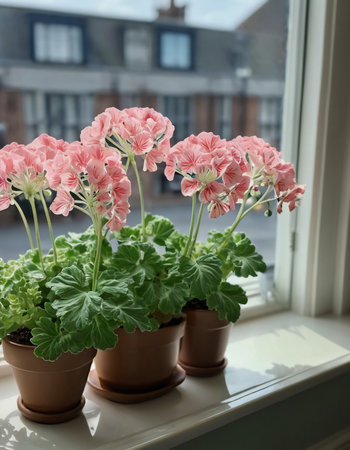 Delicate pink geraniums in terracotta pots flourish on a sunlit window sill, enhancing the serene atmosphere with their cheerful appearance and inviting charm.の素材