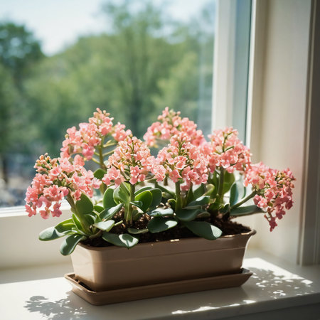 Delicate pink flowers bloom profusely from lush green leaves, basking in sunlight by the window, bringing joy and life to the cozy indoor space.の素材
