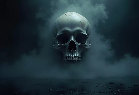 A skull hovers in a dark, foggy space above a glossy black floor. Mysterious mist swirls around, creating an unsettling and atmospheric feeling. Generative AIの素材