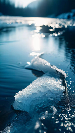 Glistening ice chunks float gently along a tranquil river, reflecting sunlight as the warmth of spring melts the remnants of winter. Nature stirs in this serene moment.の素材