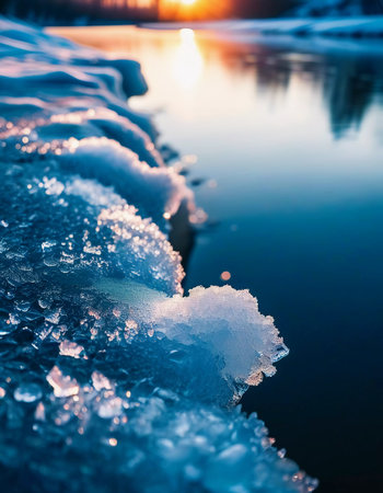 Glistening ice fragments line the tranquil river as the sun sets, casting warm hues across the water. Spring awakens nature, creating a serene atmosphere filled with hope and renewal.の素材