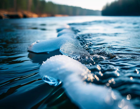 As ice drifts gently across the glistening river, the scenery transforms, signaling the vibrant embrace of spring.の素材