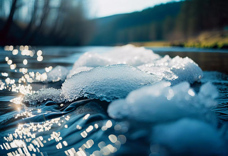 Spring brings a soothing beauty to the river as melting ice drifts gracefully. Sunlight sparkles on the water, creating a stunning interplay of light and nature's harmony.の素材
