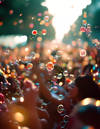 Vibrant bubbles float in the air as excited hands reach out, surrounded by a joyful crowd celebrating. The warm glow of sunset enhances the festive atmosphere of pure delight.の素材