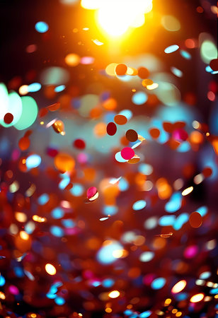 A whimsical display of colorful confetti floats through the air, creating a captivating bokeh effect as joyous voices fill the evening. The atmosphere sparkles with excitement.の素材