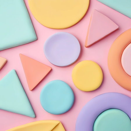 A captivating arrangement of colorful geometric shapes in various sizes and hues rests on a soft pink surface. The playful layout invites creativity and imagination.の素材