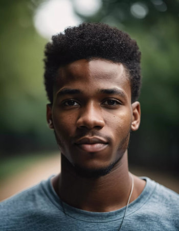 A young man stands confidently in a serene park, surrounded by lush greenery. The light filters through trees, casting a gentle glow as he gazes thoughtfully into the distance.の素材