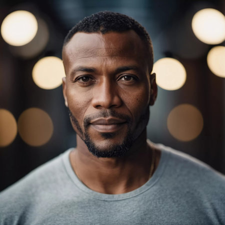 Under warm, glowing lights, a man exudes confidence and charisma, his expression thoughtful and engaging. A modern urban environment serves as a backdrop to his presence.の素材