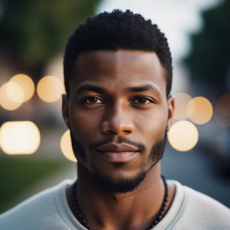 In the gentle glow of the evening, a young man stands amidst soft bokeh lights, showcasing natural charisma and charm. His confident gaze radiates warmth and serenity.の素材