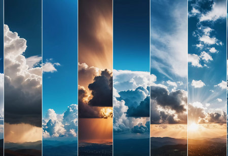 Collage showcases breathtaking skies amid diverse weather patterns, revealing the beauty and complexity of nature's mood while highlighting climate shifts and meteorological phenomena.の素材