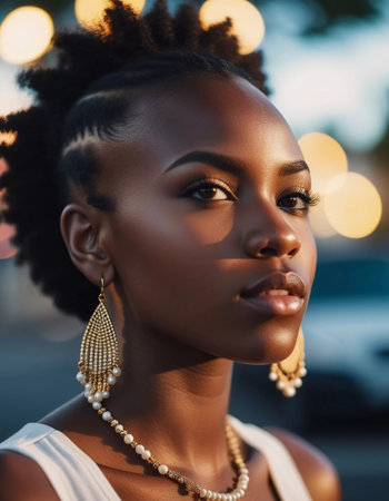 A young woman with a beautifully styled natural afro gazes confidently at the camera. Her elegant earrings and necklace catch the soft glow of twilight in a vibrant cityscape.の素材