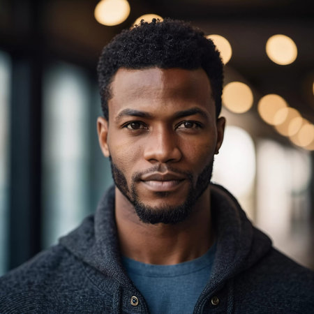 A man with a strong presence stands in a modern indoor space illuminated by soft overhead lights.の素材