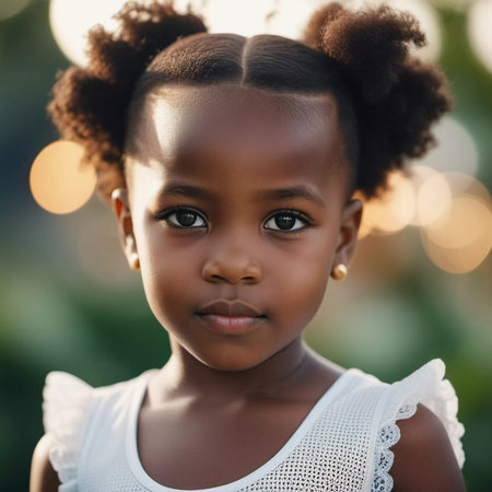 A young girl with beautifully styled hair and a white outfit stands confidently in a lush garden.の素材