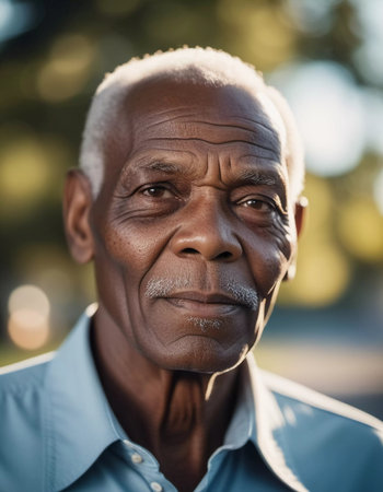 A wise elder stands in a sun-drenched park, his gentle smile revealing years of experience and heartfelt stories. The soft light enhances his thoughtful expression.の素材