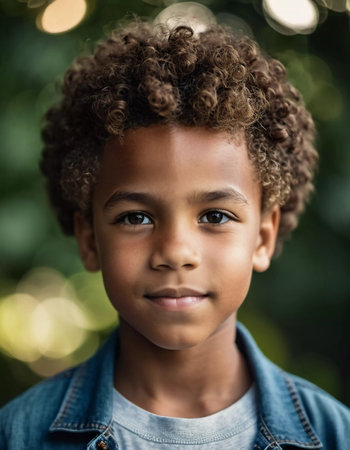 A cheerful boy with fluffy curls stands in a lush garden, sunlight filtering through the leaves. He exudes warmth and joy, dressed casually for a sunny afternoon.の素材