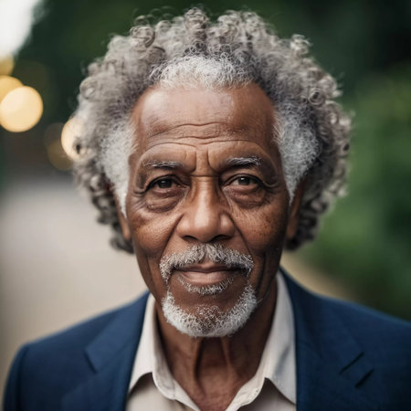 An elderly gentleman with a distinguished presence smiles warmly against a natural backdrop, illuminated by soft evening light. The park ambiance enhances his timeless charm.の素材