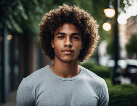 A confident young man stands in an urban landscape filled with lush greenery. His expressive eyes and curly hair catch the warm afternoon light, creating a captivating moment.の素材