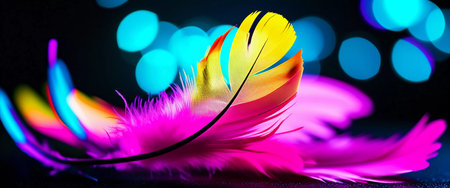 Brightly colored feathers in pink, yellow, and blue lie elegantly on a surface, illuminated by a soft bokeh glow that creates a whimsical atmosphere perfect for artistic expression.の素材