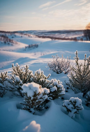 Beneath a clear sky, a serene tundra unfolds, showcasing drifts of glistening snow and delicate plants adorned with frost, radiating the quiet beauty of winter embrace.の素材