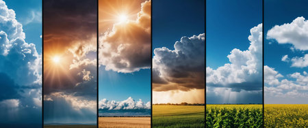 A vibrant collage captures the sky transitioning through diverse weather scenarios, illustrating changes from sunny days to stormy skies, emphasizing climate variability and its impact.の素材