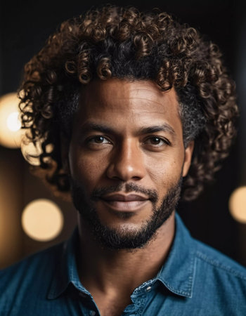 A man with striking curly hair sports a confident smile in a warm ambient setting, illuminated by soft lighting that enhances his features.の素材