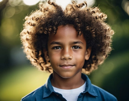 A cheerful boy with curly hair stands in a park, basking in warm sunlight. His joyful expression and vibrant surroundings create a sense of happiness and freedom.の素材