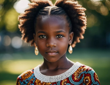 In a vibrant park bathed in sunlight, a confident young girl showcases her beautiful traditional attire, reflecting culture and joy.の素材