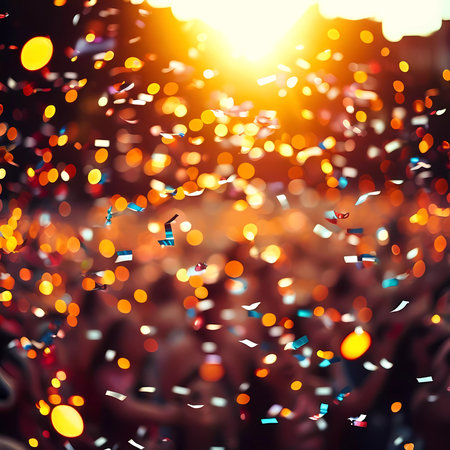 As the sun dips below the horizon, vibrant confetti dances through the air, enhancing the festive atmosphere of a lively celebration filled with laughter and joy.の素材
