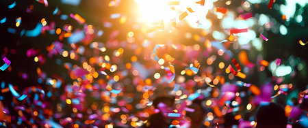 A burst of colorful confetti fills the air, shimmering in the warm glow of a setting sun. Friends gather in celebration, laughter echoing in the evening. Joy and excitement abound.の素材