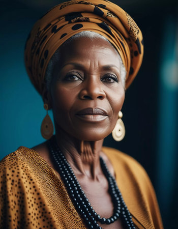 A confident woman exudes grace in a colorful head wrap and traditional attire, standing firmly against a softly lit backdrop that enhances her beauty and strength.の素材