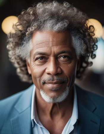 An older gentleman with striking curly hair and a warm smile stands confidently, embodying a life filled with stories. The background enhances his distinguished presence.の素材