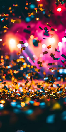 A dazzling burst of confetti fills the air, illuminated by vibrant bokeh lights. The joyful atmosphere evokes a sense of celebration, perfect for parties and special occasions.の素材