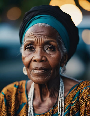 An elderly woman, showcasing her deep wisdom and grace, poses gracefully while wearing a colorful traditional outfit and jewelry during a warm evening in her community.の素材