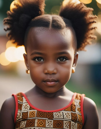 A young girl stands with a joyful demeanor, her hair styled in playful puffs, adorned in a colorful outfit. Soft golden light illuminates her warm smile as nature surrounds her.の素材