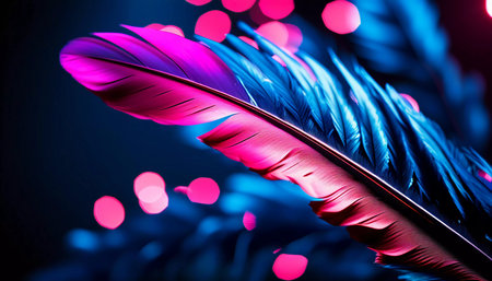 A bright feather shines in a mix of pink and blue hues, illuminated by soft lights that create a magical ambiance, evoking feelings of creativity and wonder.の素材
