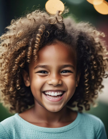 A young girl with vibrant curls beams with joy, showcasing her radiant smile in a cheerful outdoor setting filled with warm light and nature's beauty.の素材