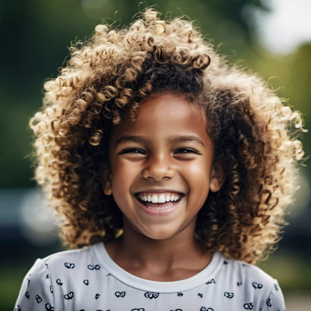 A young child with curly hair beams with joy, surrounded by lush greenery. The sun casts a gentle light, accentuating the carefree spirit of youth in this delightful moment.の素材