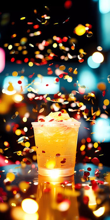 In a festive atmosphere, colorful confetti dances around a refreshing drink, creating a joyful ambiance filled with warmth and excitement. City lights glow in the background.の素材