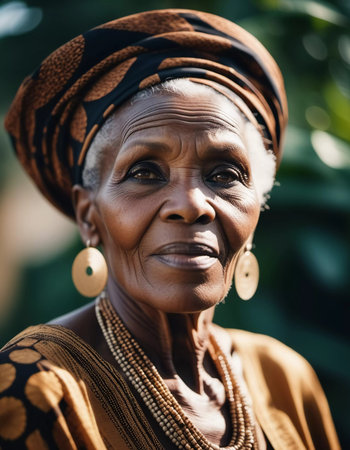 Wearing a beautifully patterned headwrap and intricate jewelry, an elderly woman emanates wisdom.の素材